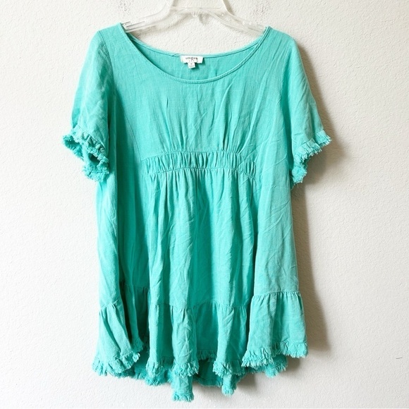 Umgee Green Babydoll Linen Cotton Ruffle Tunic Blouse Top Frayed Hem Sz M - Picture 2 of 12
